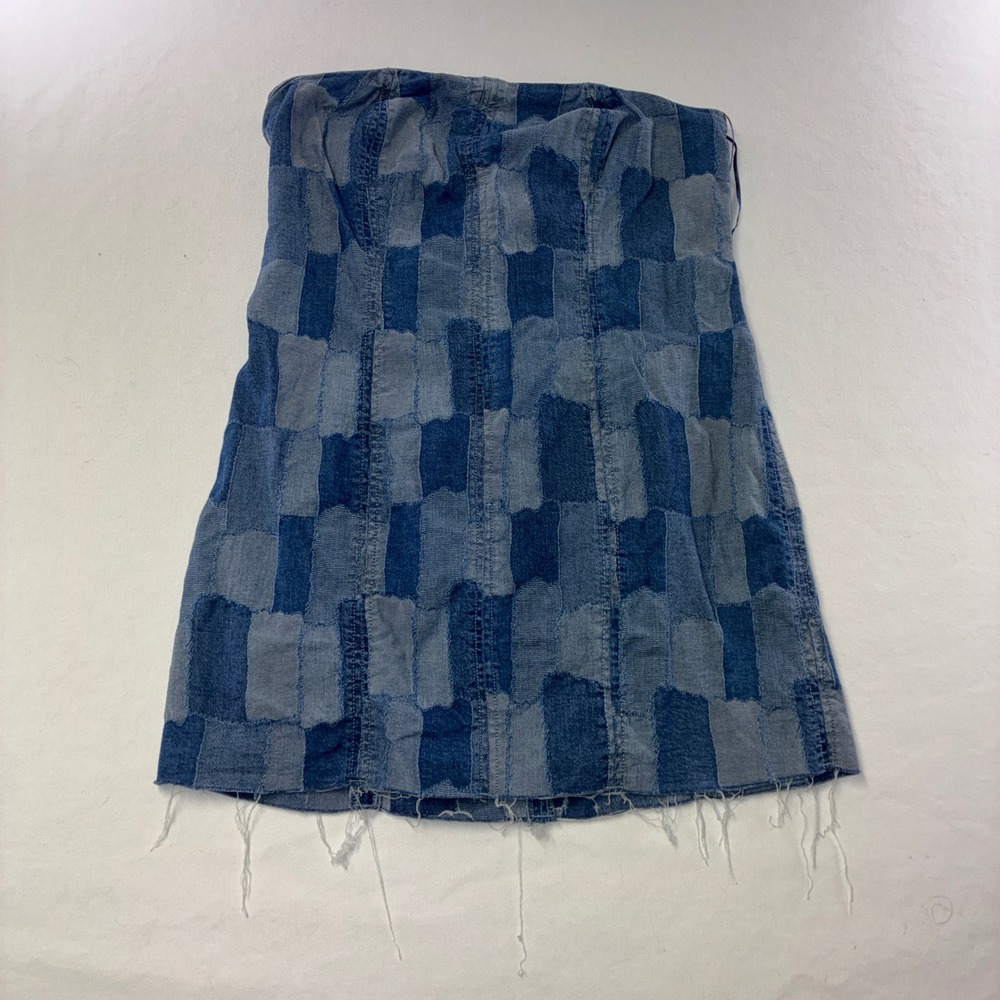 604 Y2K Wild Fable Patchwork Denim Mini Dress M Blue Strapless Distressed Hem